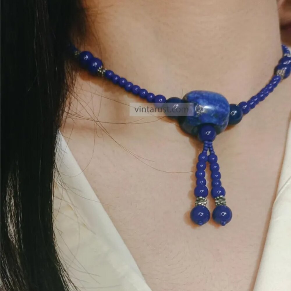 Handmade Lapis Lazuli Beaded Necklace: Boho Tassel Statement Jewelry